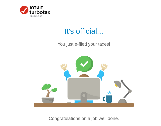 Screenshot of success email from TurboTax