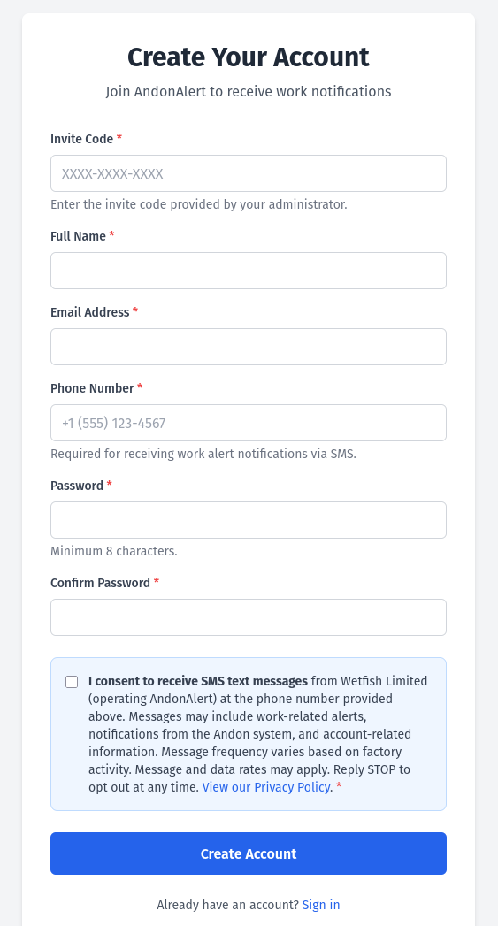 Andon Alert Registration Page